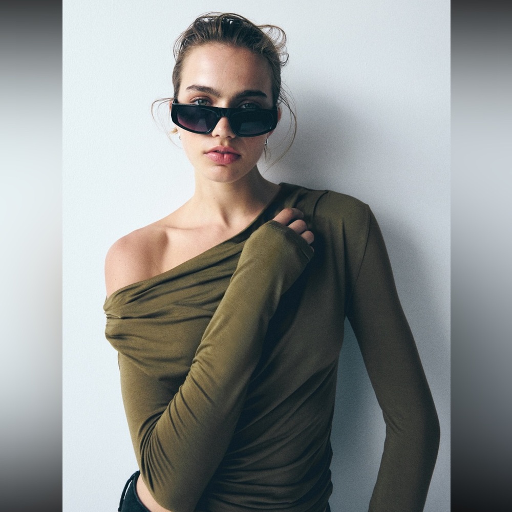 NWT H&M Draped One-Shoulder Top in khaki green, size Medium